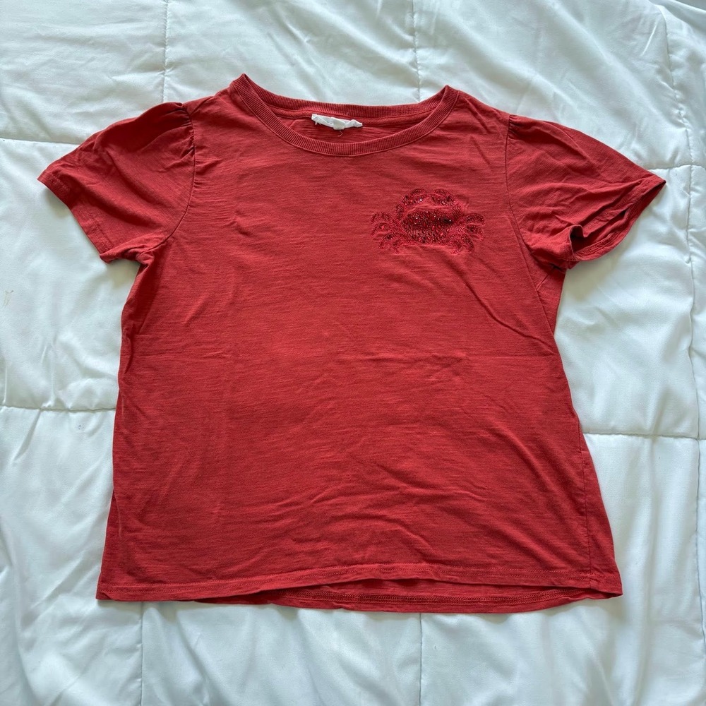 T-Shirt Tee Womens Medium Red Beaded Crab 100% Cotton Puff Sleeve Nautical Beach